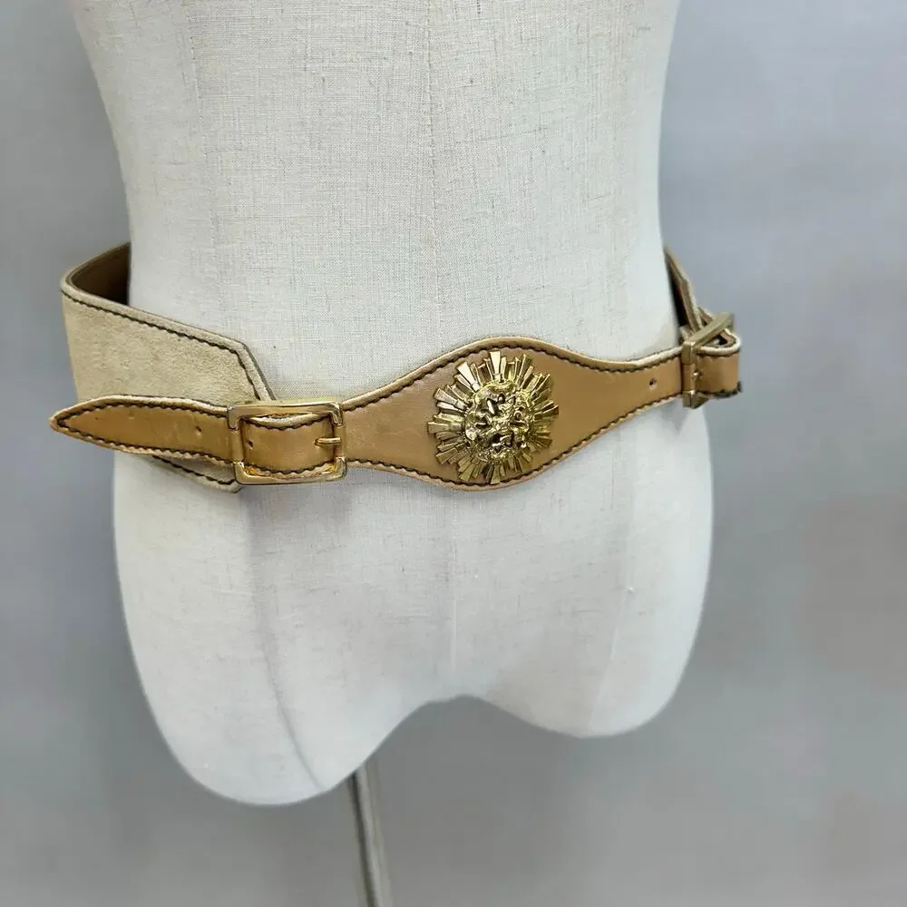 Vintage Suede Leather Waist Belt w/ Gold‎ Lion Medallion Statement Size Large